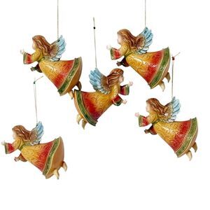x5 Christmas Angel Hanging Ornament Hard Resin Blue Wings Crackle Antique Look